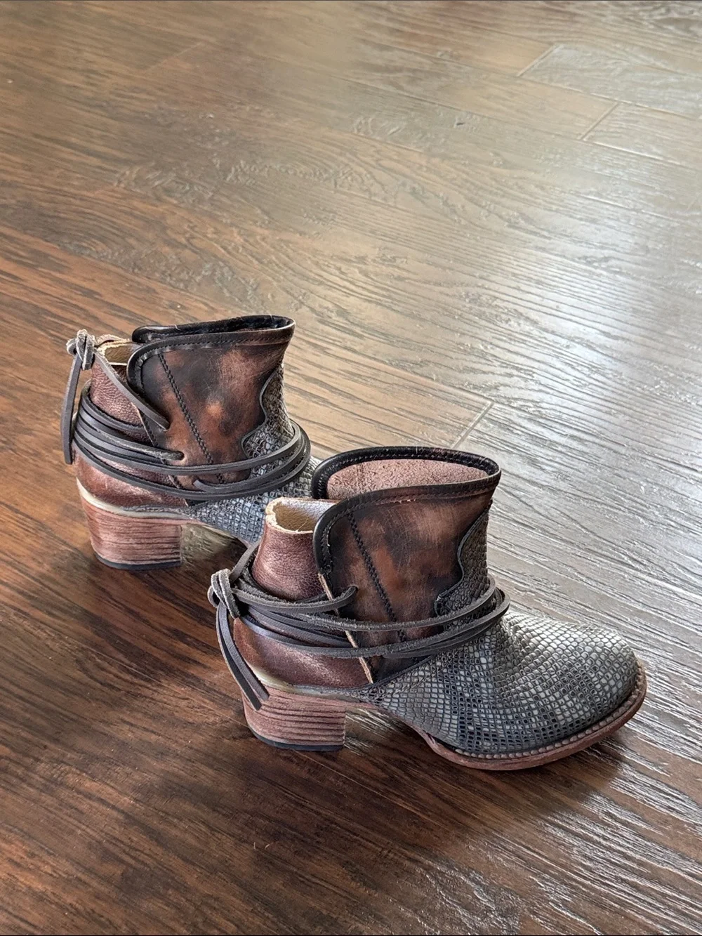 Freebird by Steven Metallic Gray and Distressed Brown Snake-Texture Ankle Boots